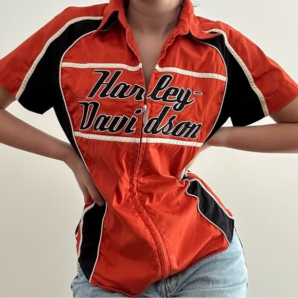 Harley-Davidson Tops - HARLEY DAVIDSON ZIP  FRONT ORANGE BLOUSE - M